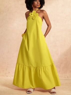 SHEIN Yellow Open Back Halter Long Flower Dress Size Large